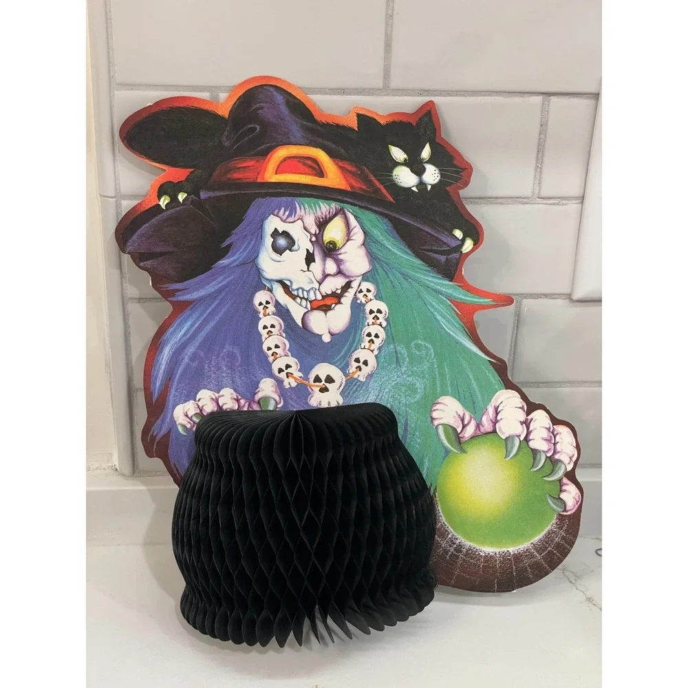 Vintage 80s Halloween Witch Cauldron Cat Skull Scary Honeycomb Centerpiece Decor